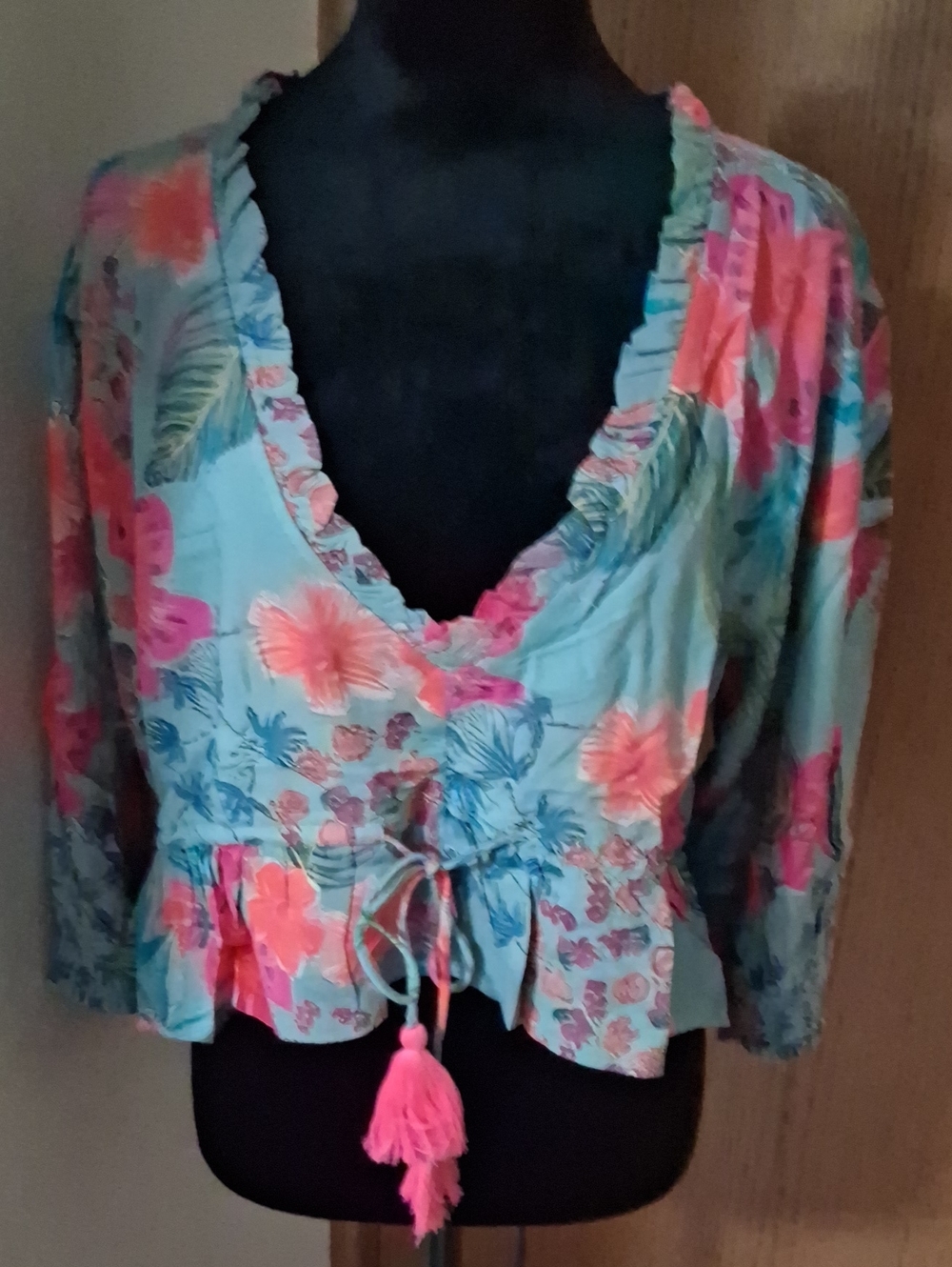 Natural Life Floral Tie-Front V-Neck Blouse in Aqua and Pink